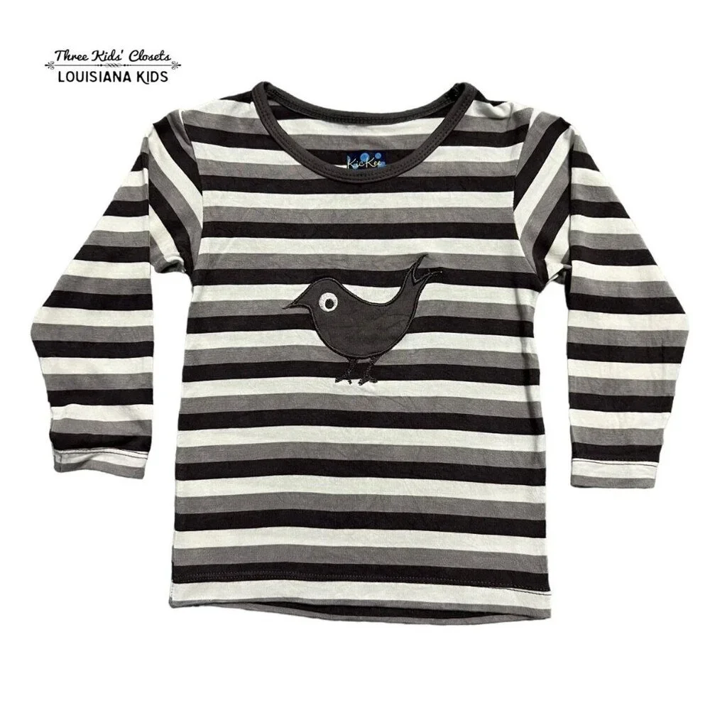 Kickee Pants 12-18m Grey Bamboo Striped Bird Appliqué Top